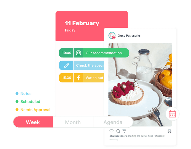 Social media content calendar with weekly, monthly, and agenda views