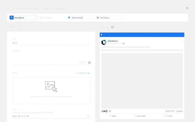 Sociality.io post composer with an emoji picker next to a Facebook post preview
