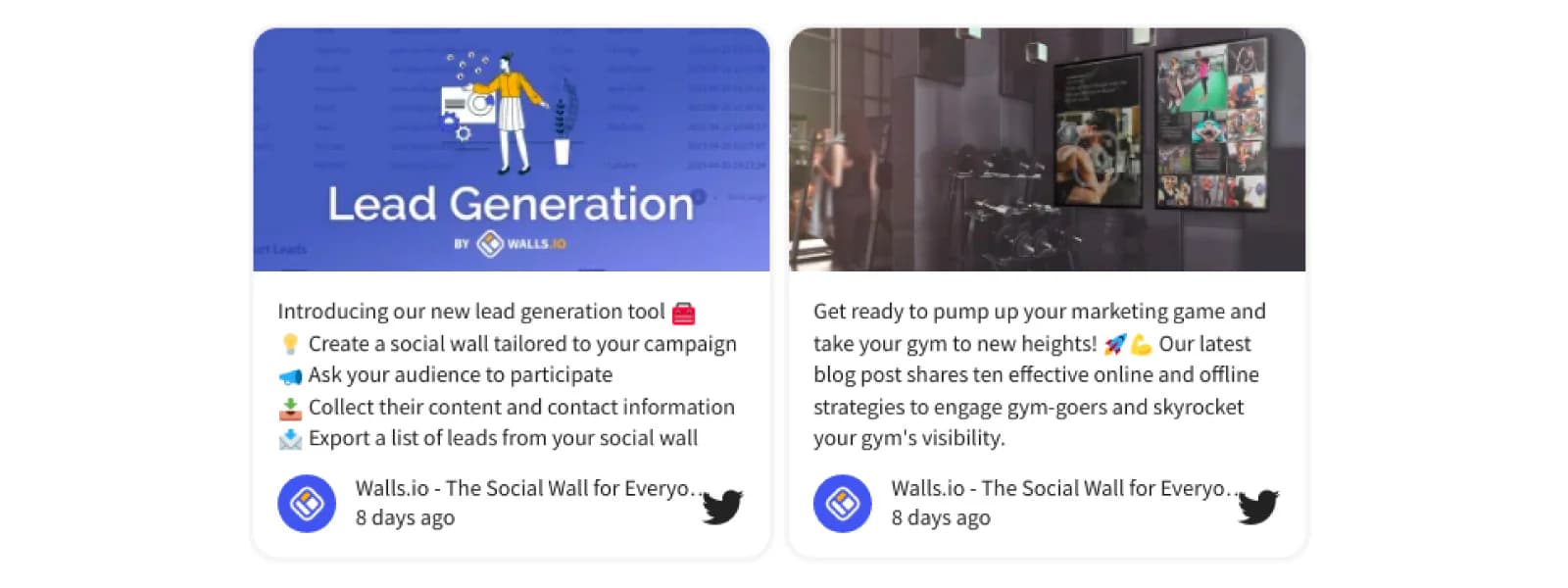 Two Walls.io posts with branded cover images, one about lead generation and one for a gym