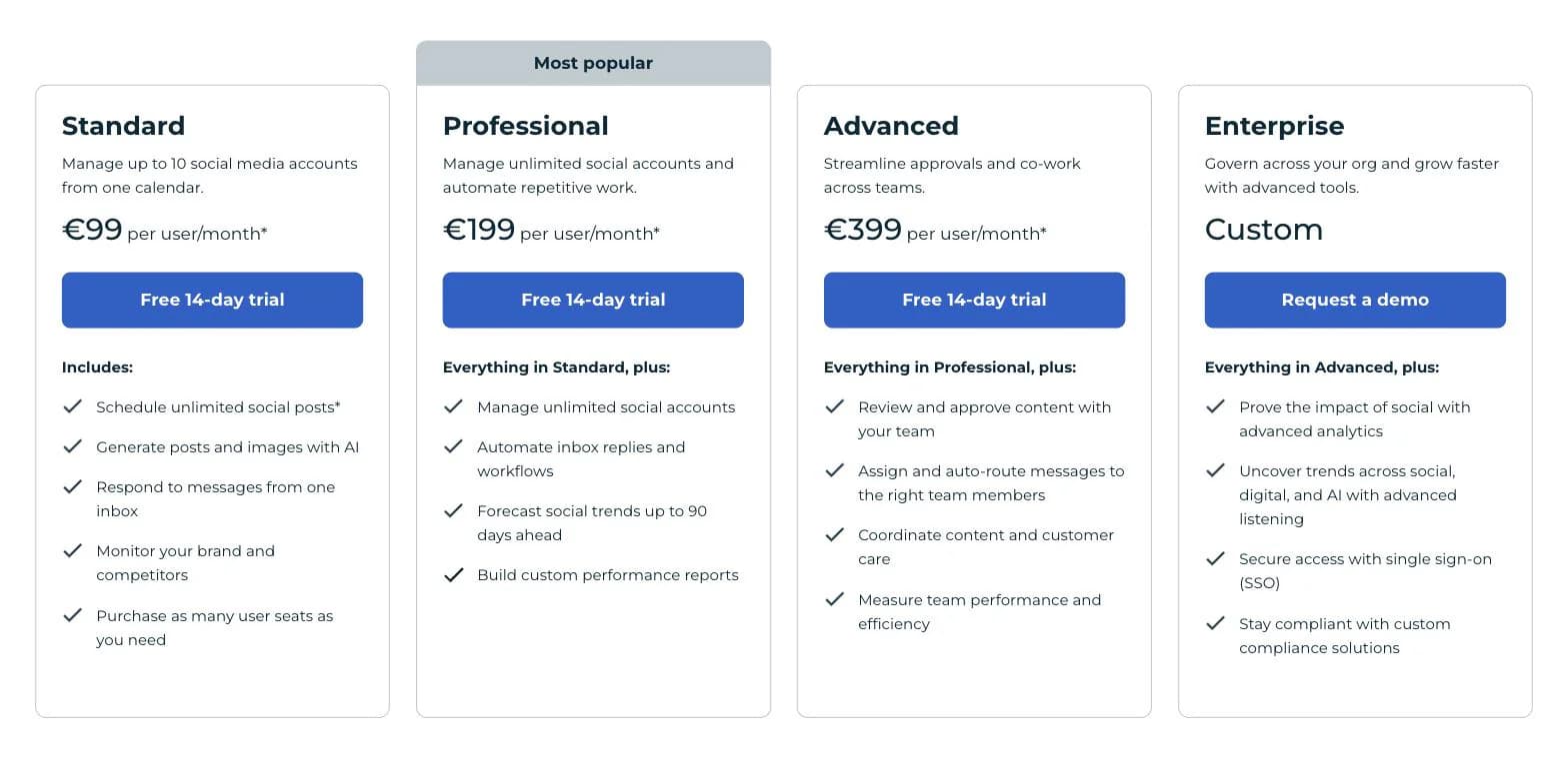 Hootsuite plans in October 2026 with Standard at €99 and Advanced at €399 per user