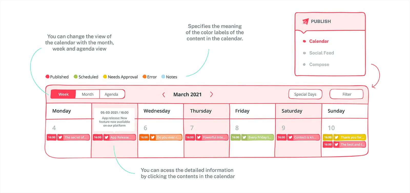 Sociality.io publishing calendar with Instagram posts scheduled across a week
