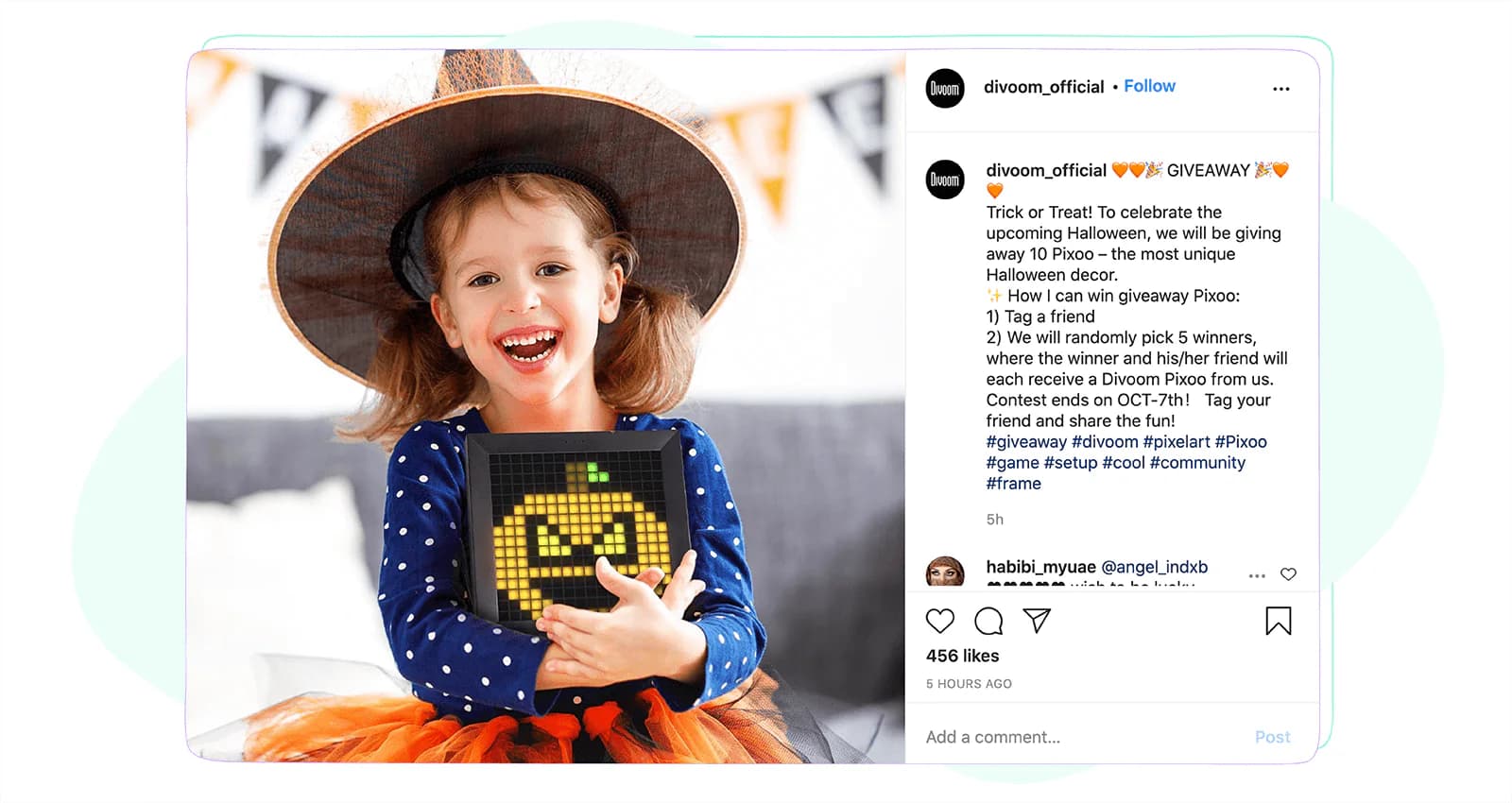 Divoom giveaway caption listing its entry rules inside the post