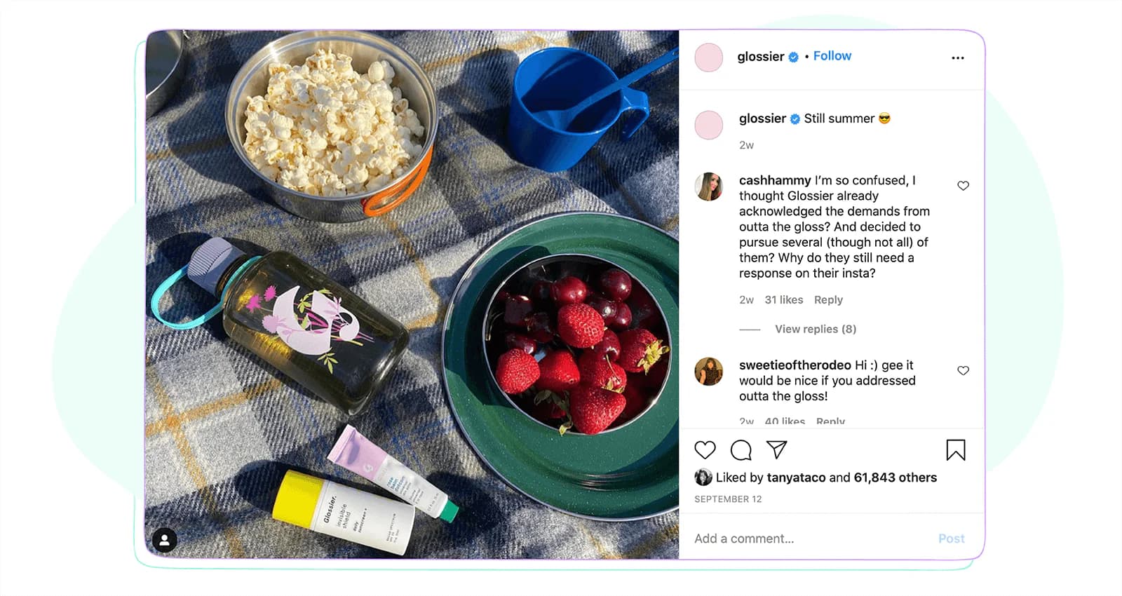 Glossier caption closing with an emoji after the caption text