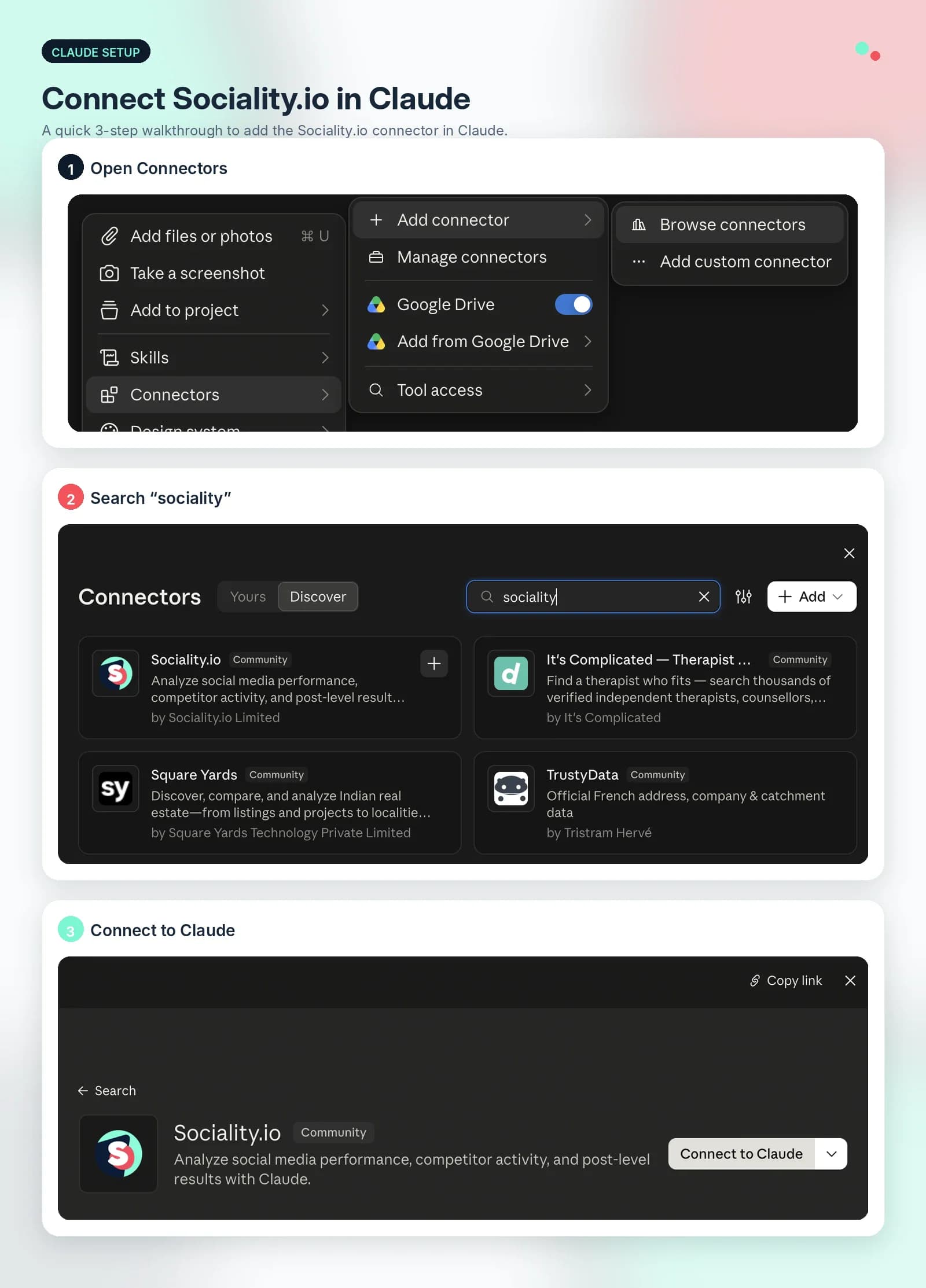 3 steps to connect Sociality.io in Claude, from Browse connectors to Connect to Claude