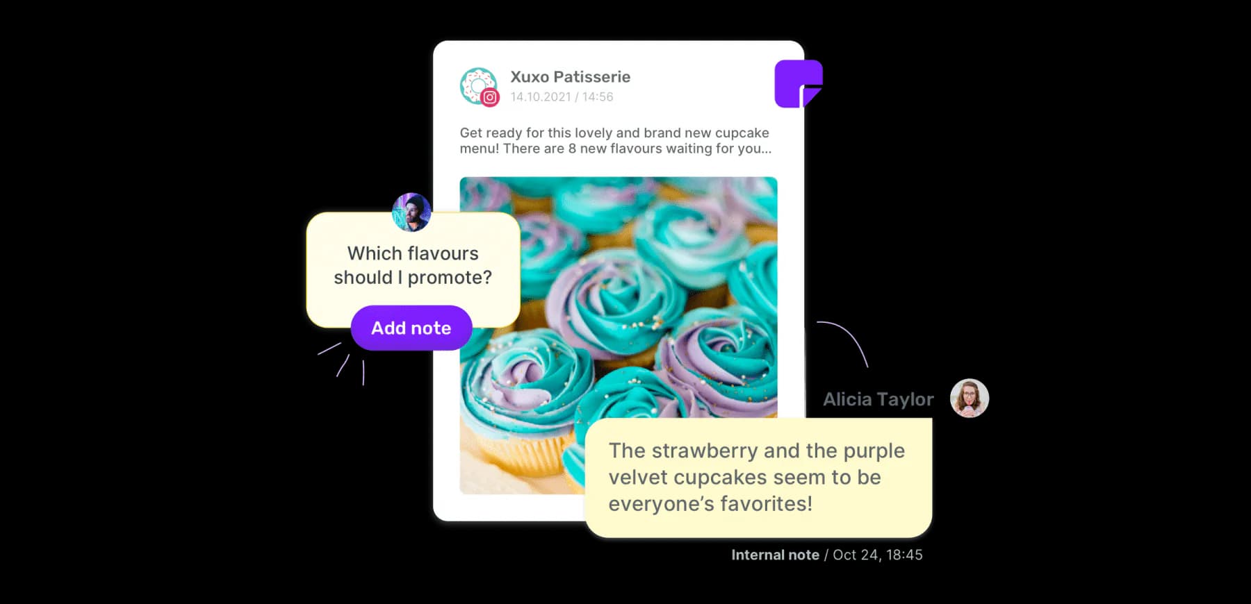 Internal note on a cupcake post conversation in the Sociality.io inbox
