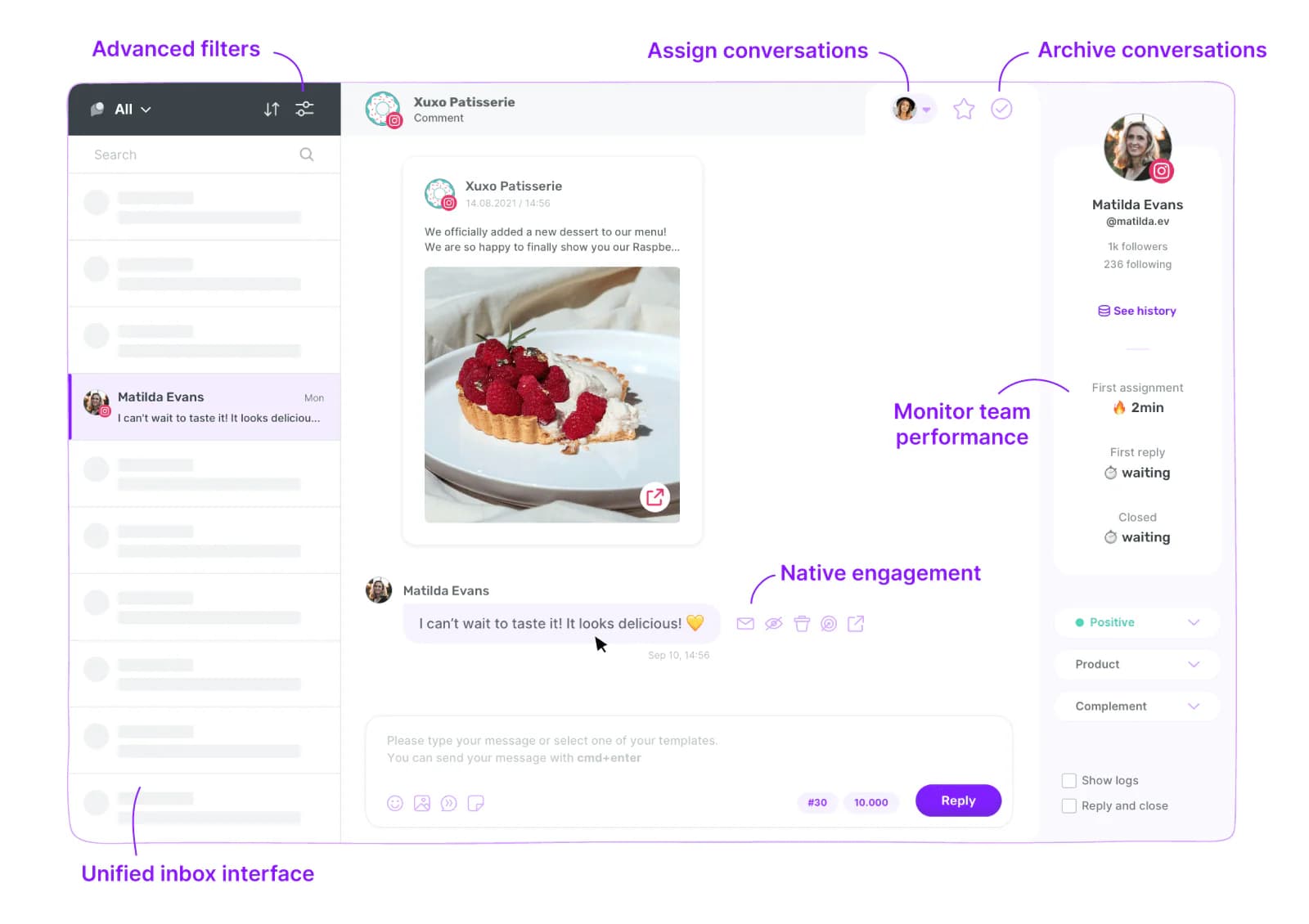 Sociality.io unified inbox with advanced filters, assign and archive actions, and team performance