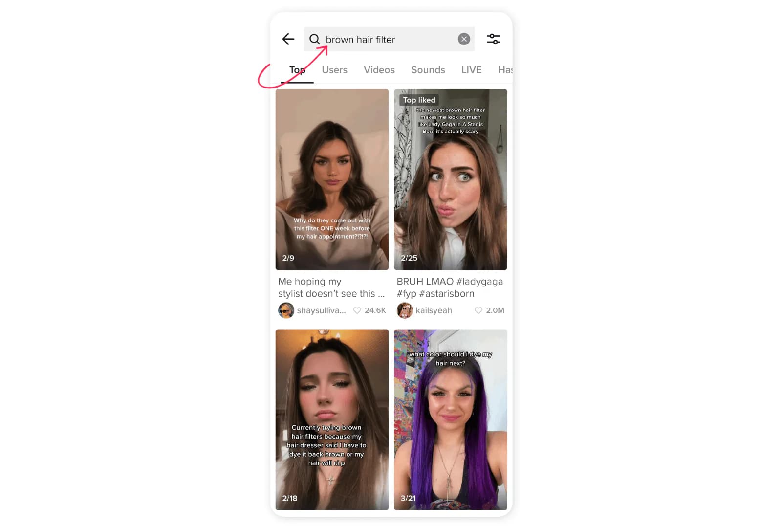 TikTok search results for a hair effect, with matching videos in the Top tab