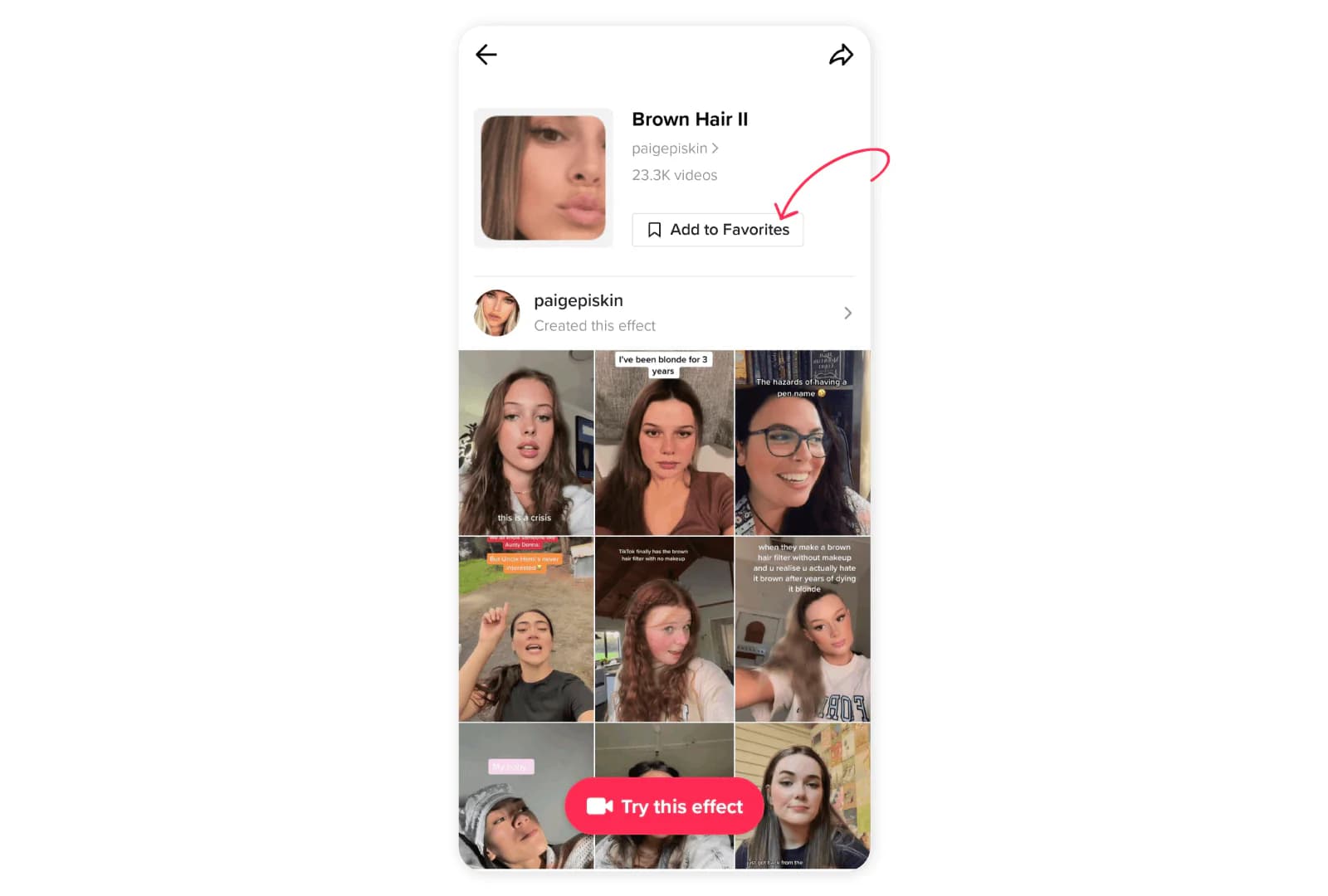 TikTok effect page with the option to save the effect to Favorites