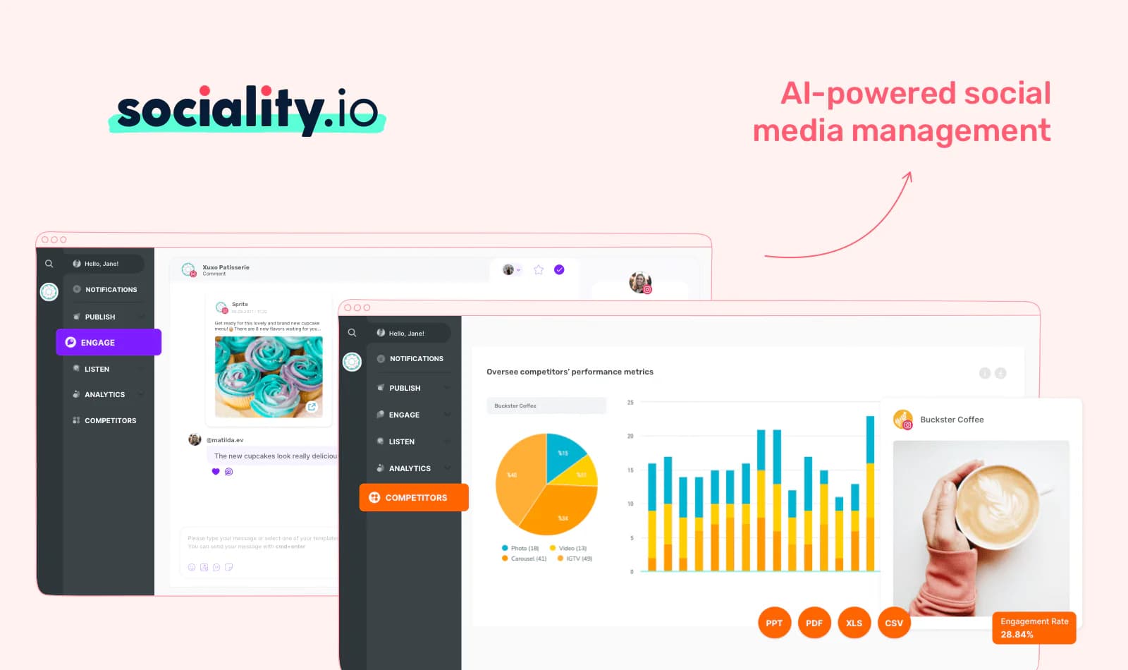 Sociality.io dashboard with analytics charts and the tagline AI-powered social media management