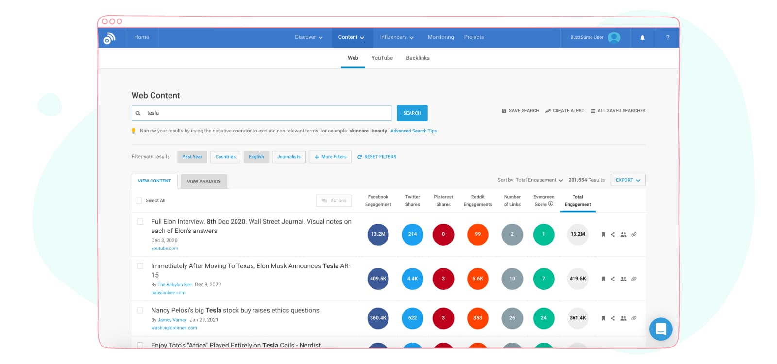 BuzzSumo web content search showing engagement for each article