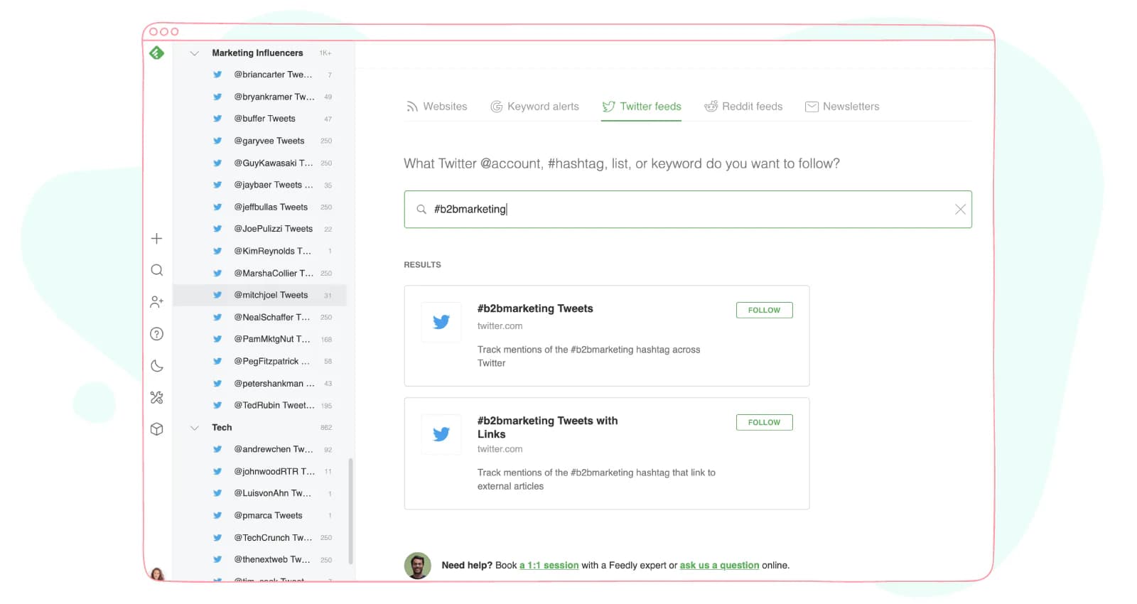 Feedly search for Twitter feeds by hashtag
