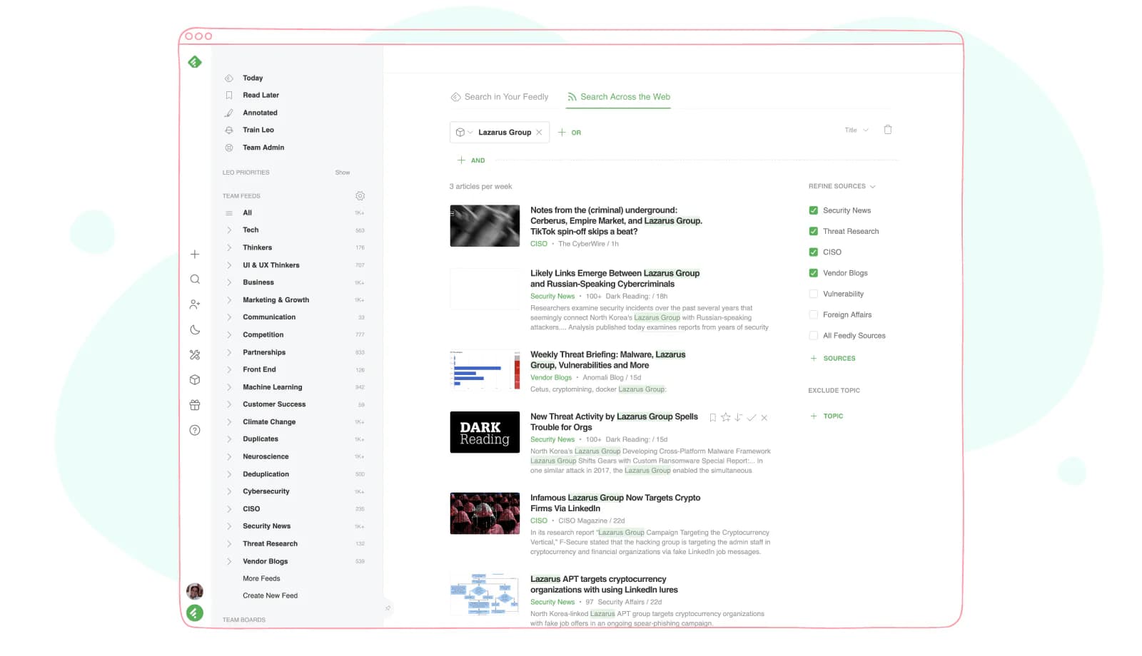 Feedly reading list with articles from followed sources