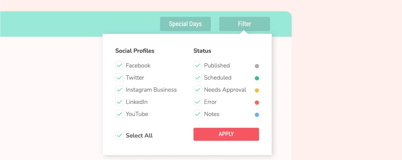 Use filters to display content based on social profiles or status.