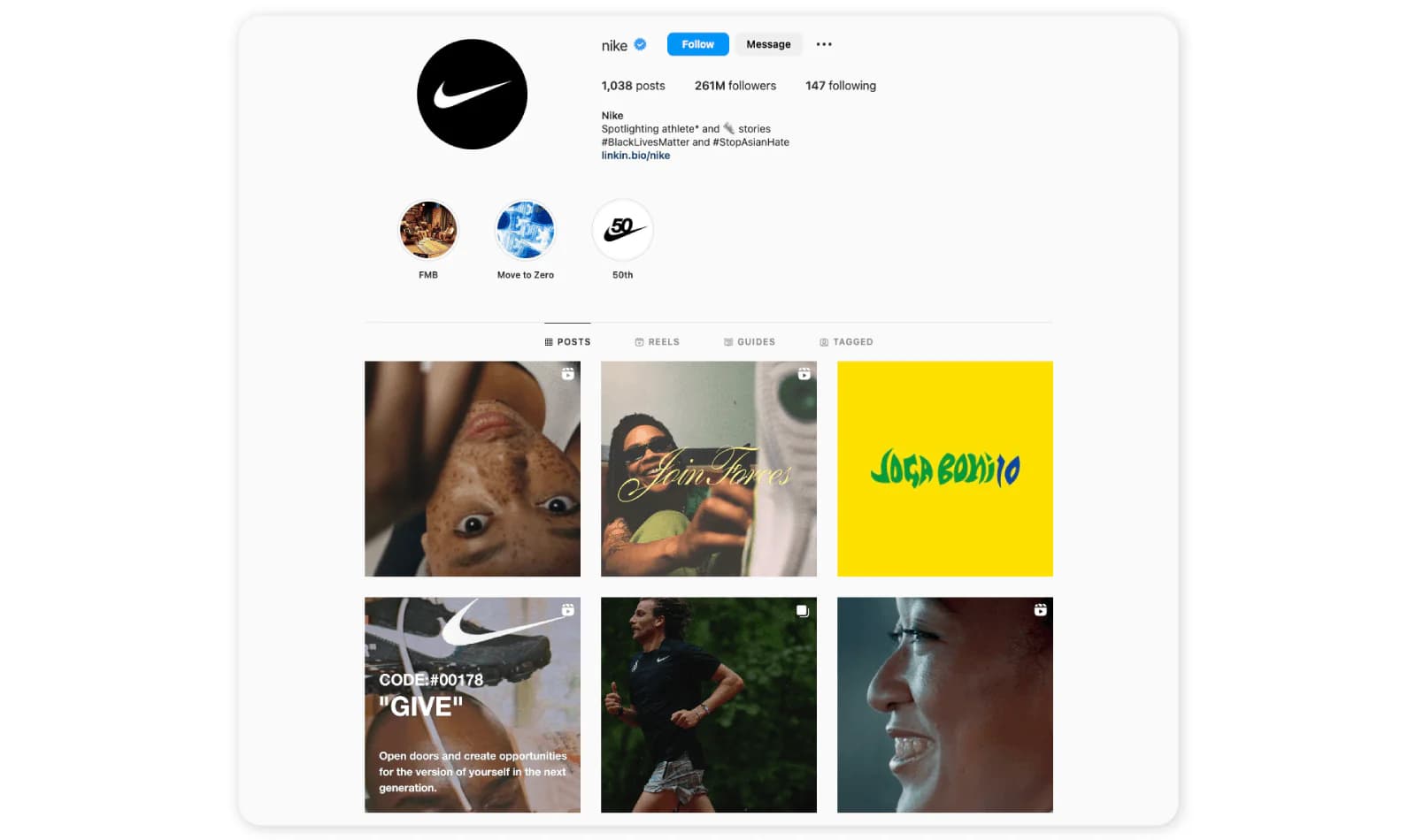 Nike's Instagram profile with a verified badge