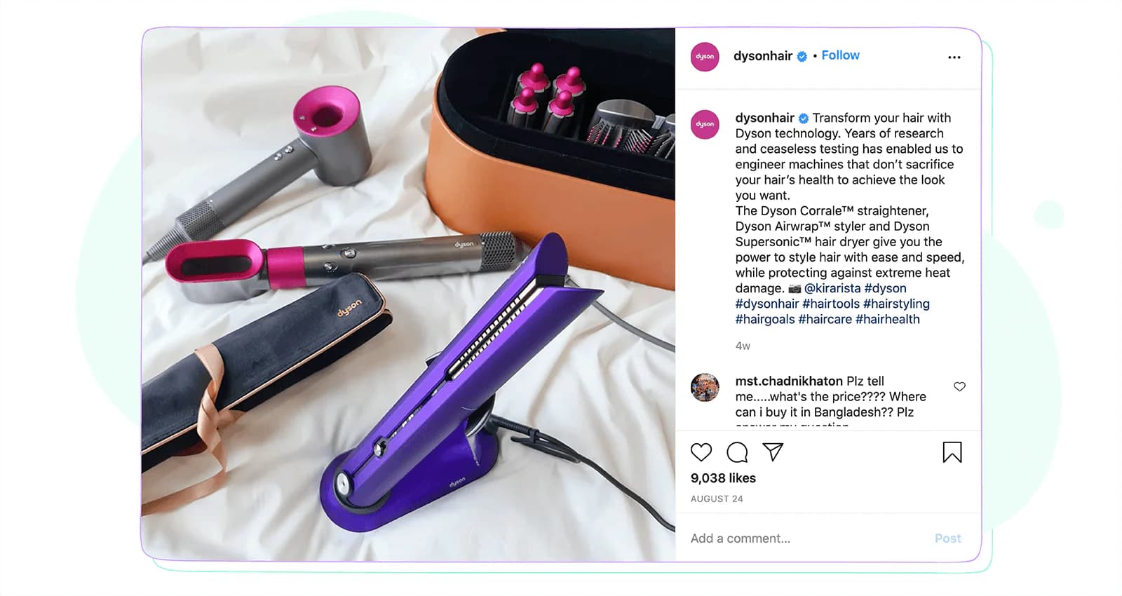 Dyson Hair Instagram post using branded, product and topic hashtags together