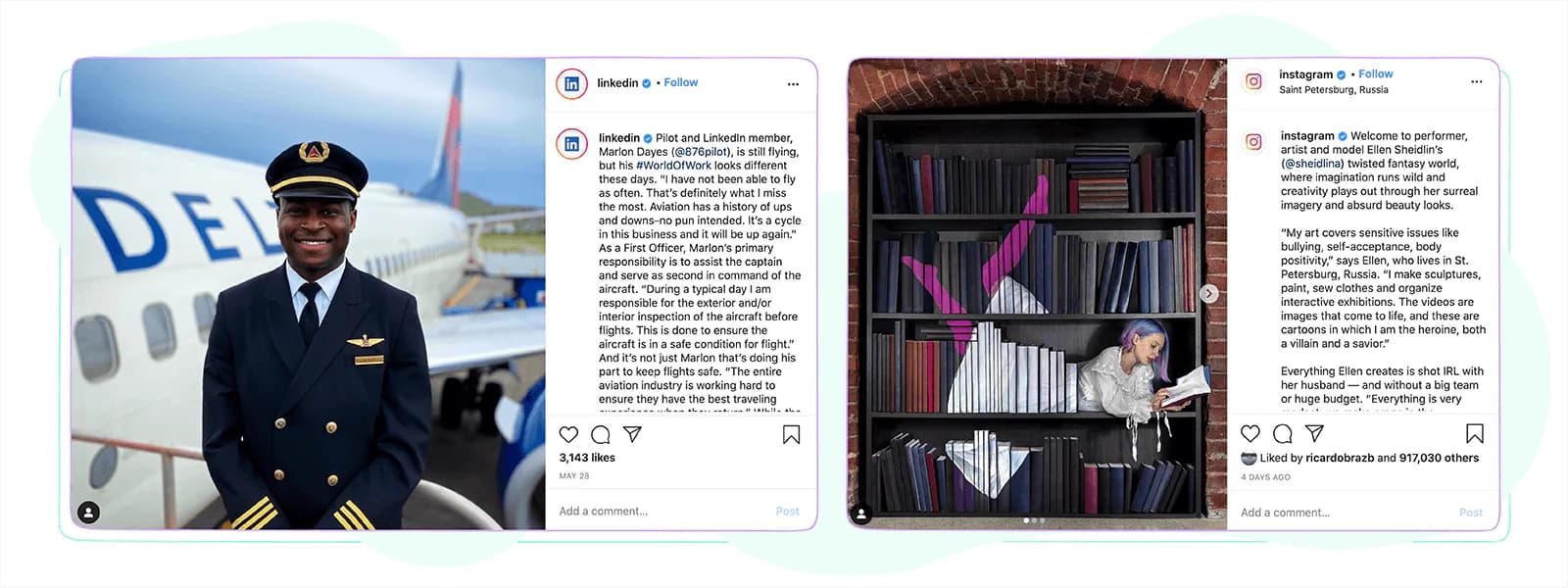 Long story-led captions from LinkedIn and Instagram's own accounts