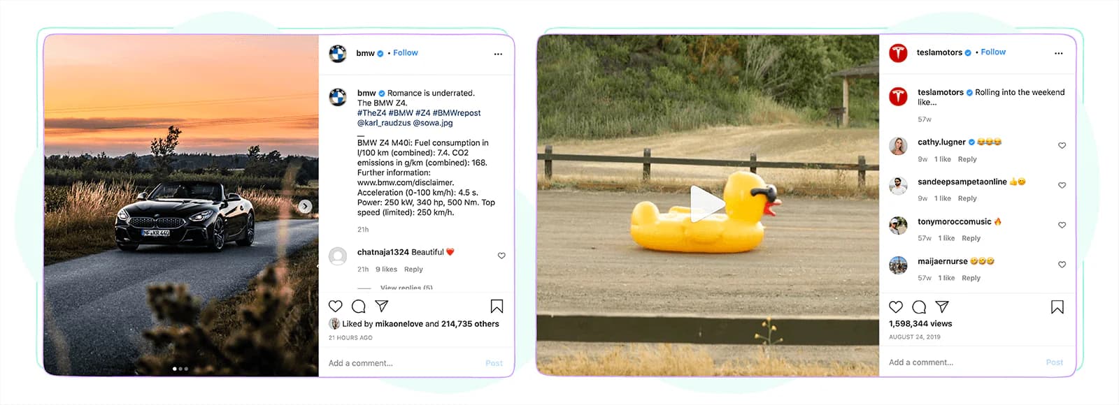 Tesla and BMW captions side by side, showing two different brand voices