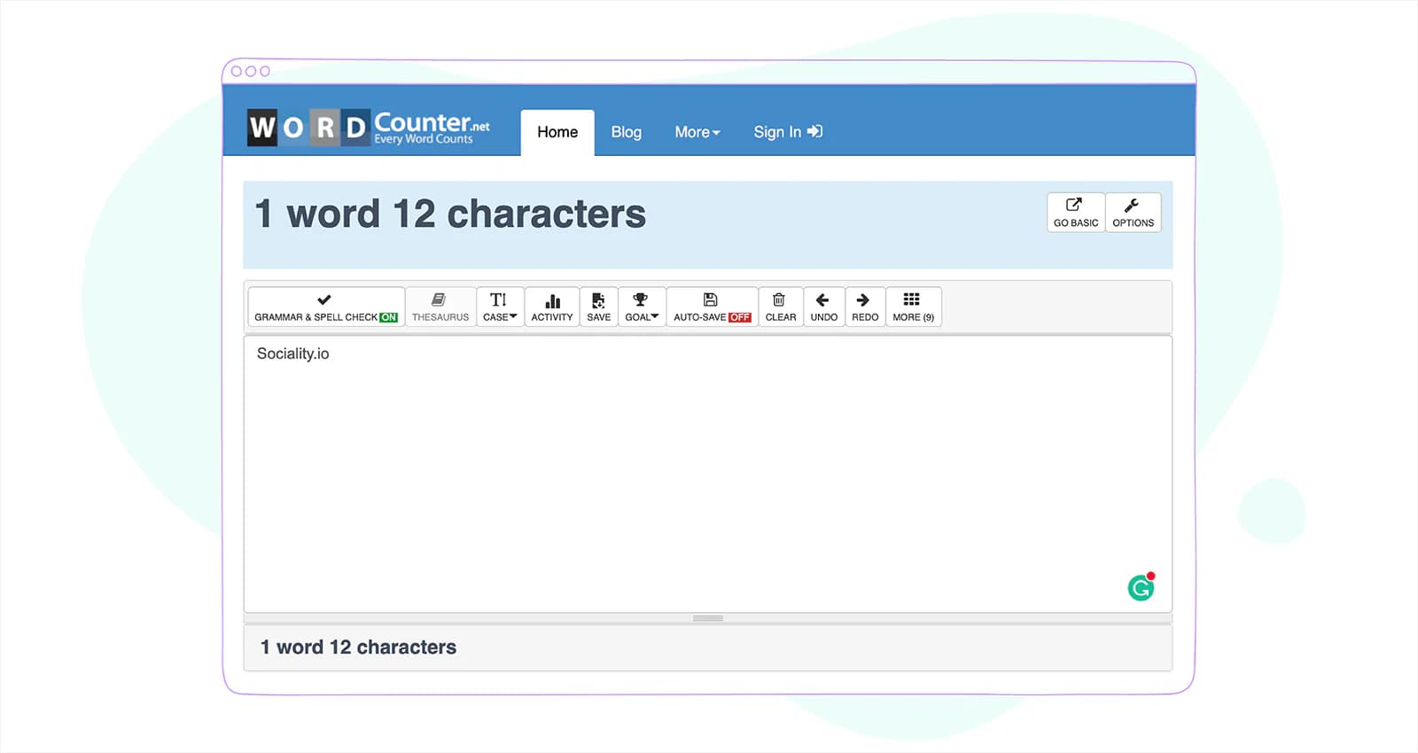 WordCounter showing the character count for a draft Instagram caption