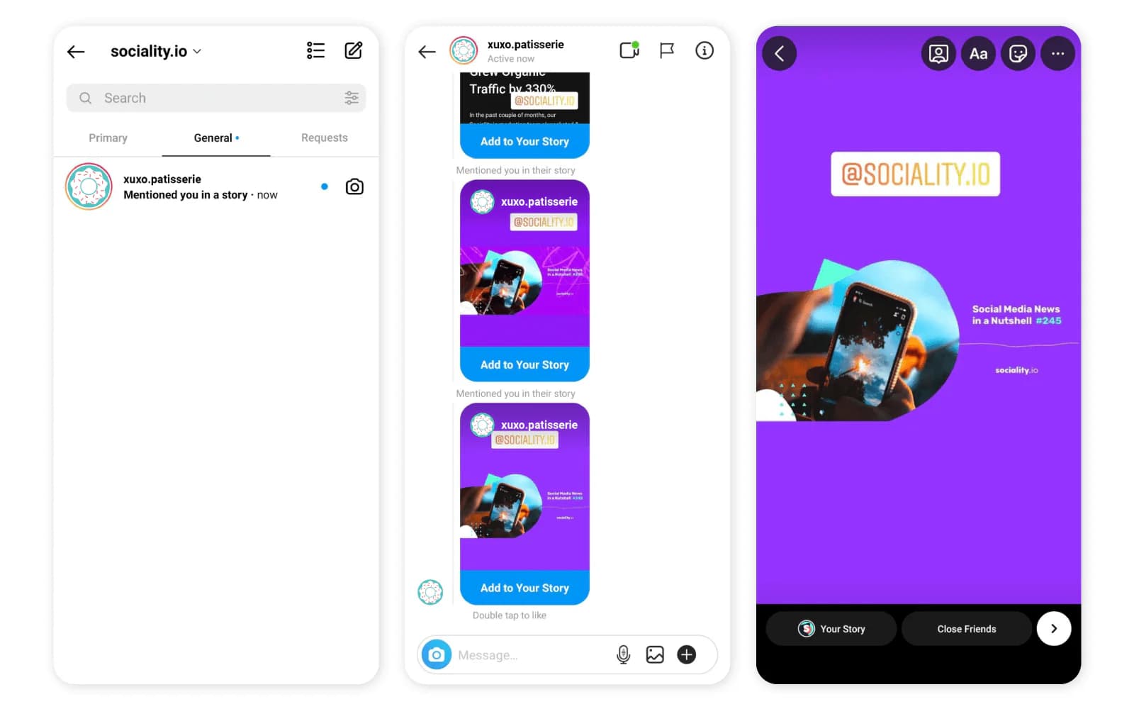 Instagram DM inbox showing mention notifications, each with an Add to Your Story button