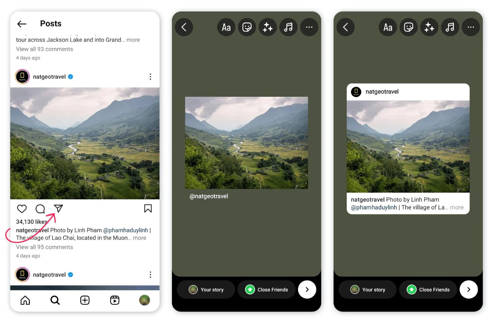 Feed post reshared to a story, shown with and without the original caption