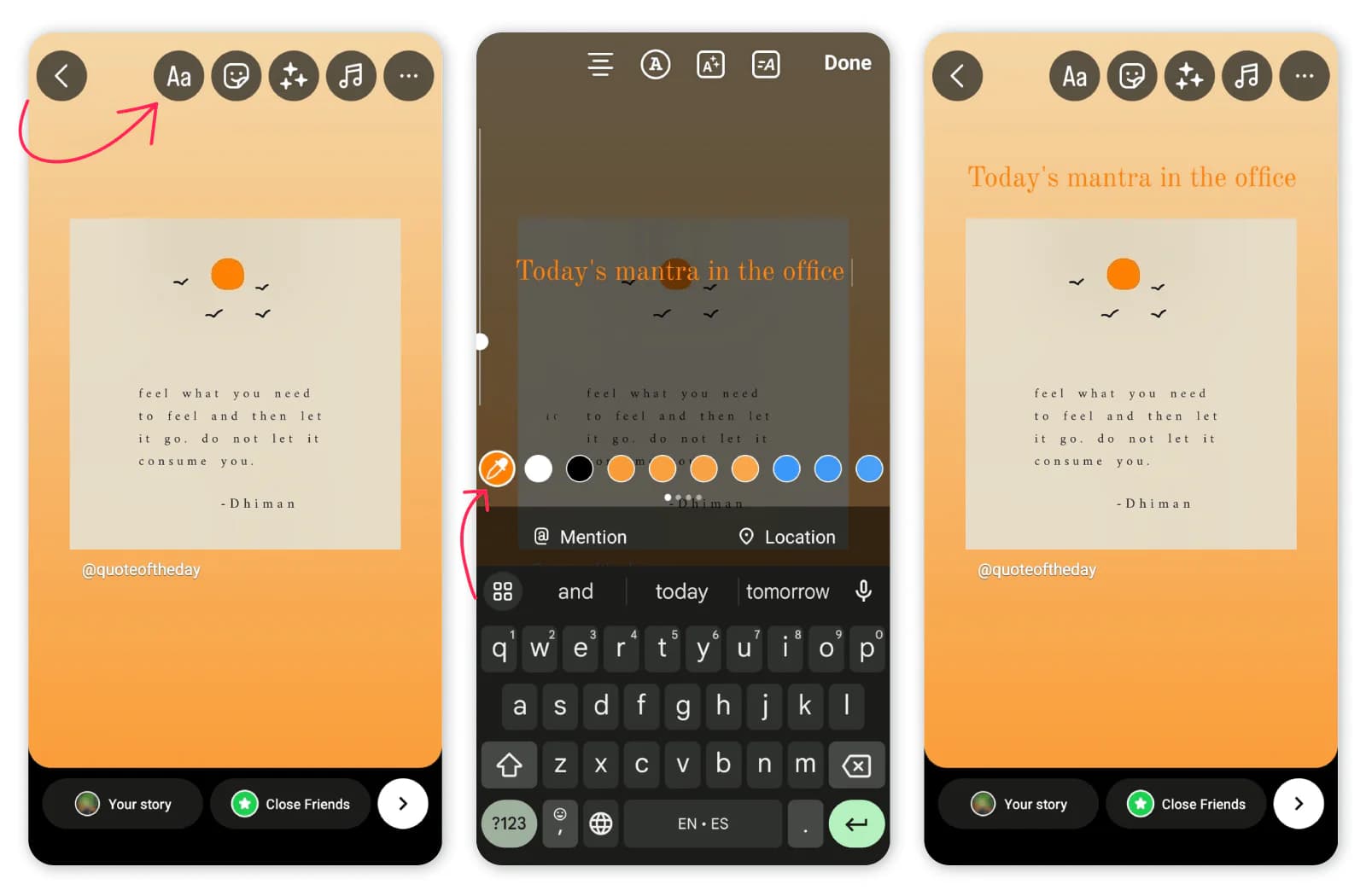 Instagram text tool with the eyedropper picking a brand colour out of the photo