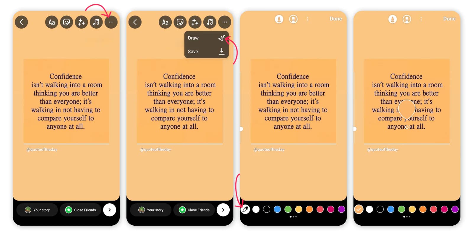 One story shown four times as the background colour is changed with the draw tool