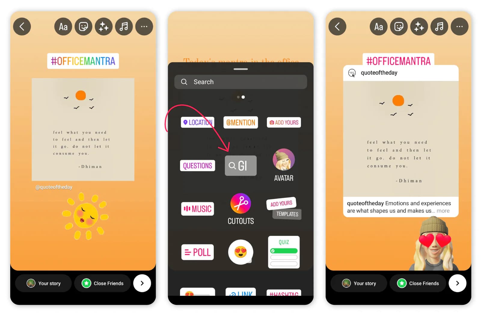 Instagram sticker tray open on the GIF search, ready to drop in a branded GIF