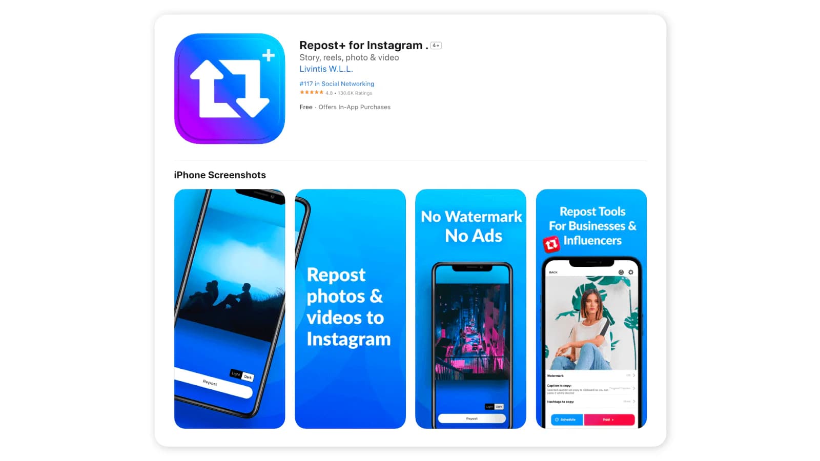Repost+ for Instagram on the App Store, one of the third-party reposting apps