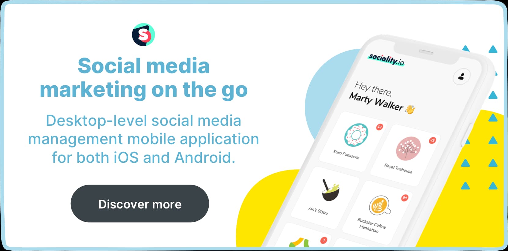 Sociality.io mobile app banner: social media marketing on the go for iOS and Android
