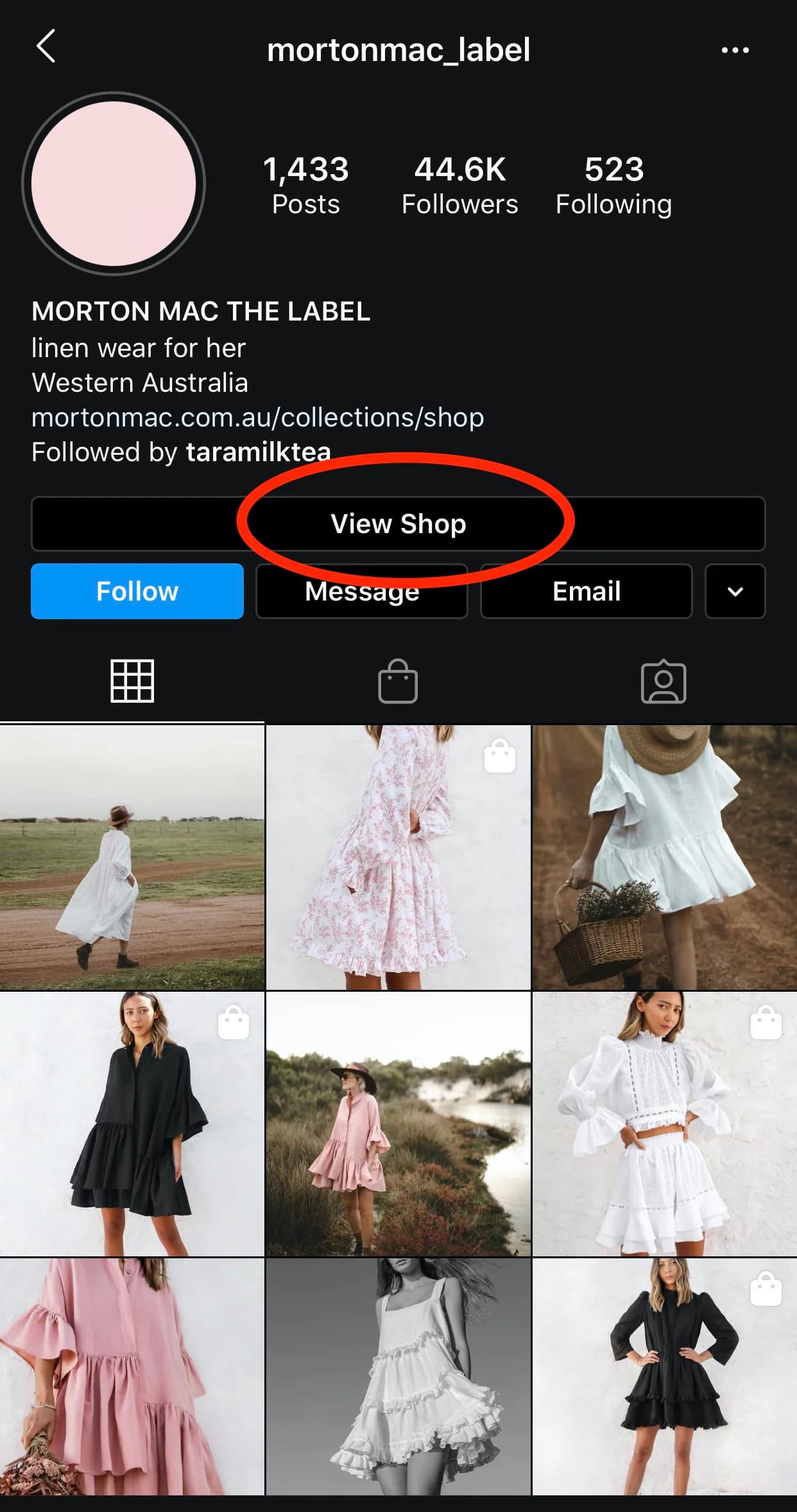 Instagram profile of Morton Mac Label with the View Shop button highlighted
