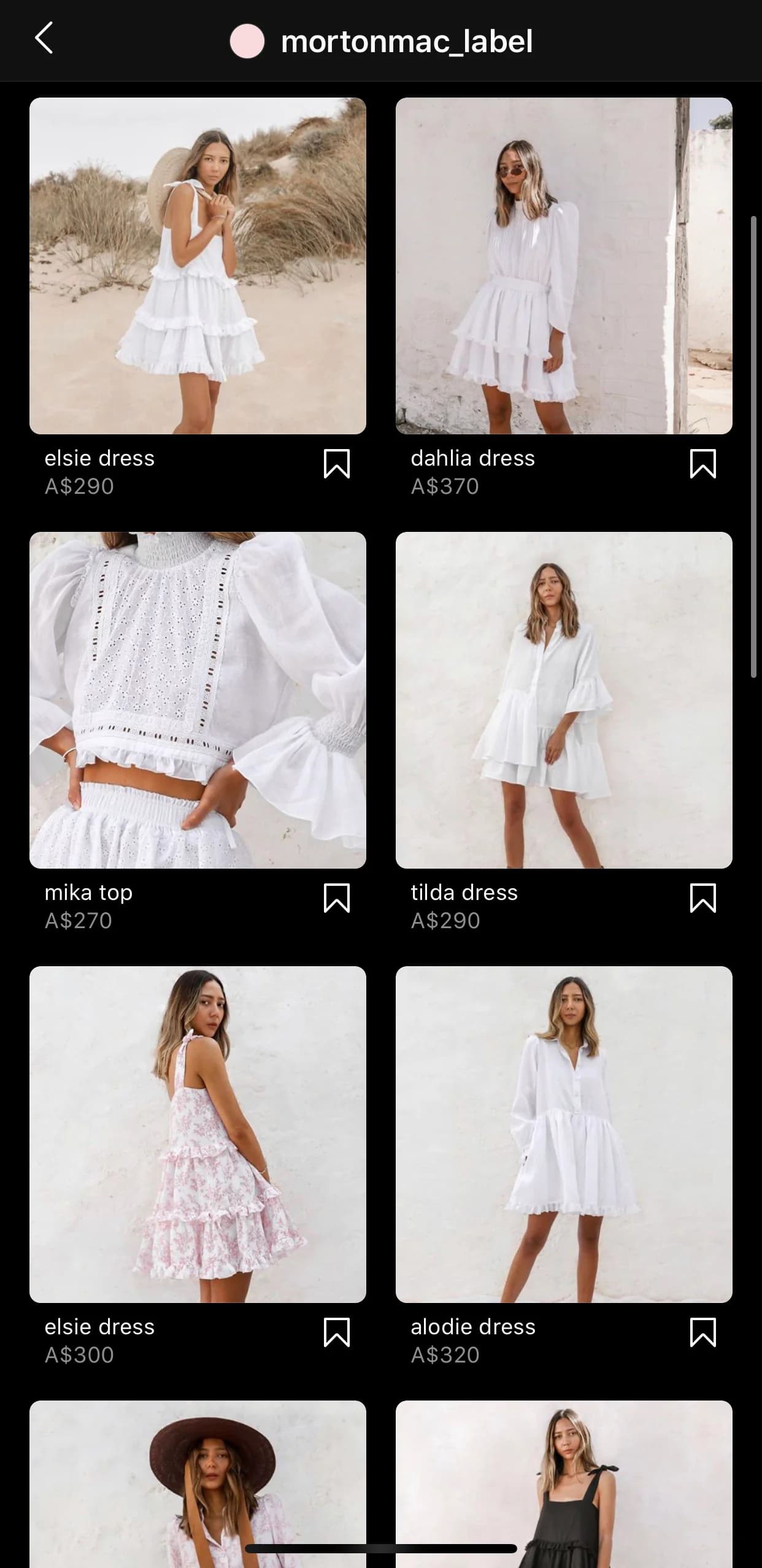 Instagram shop page listing dresses and tops with product tags