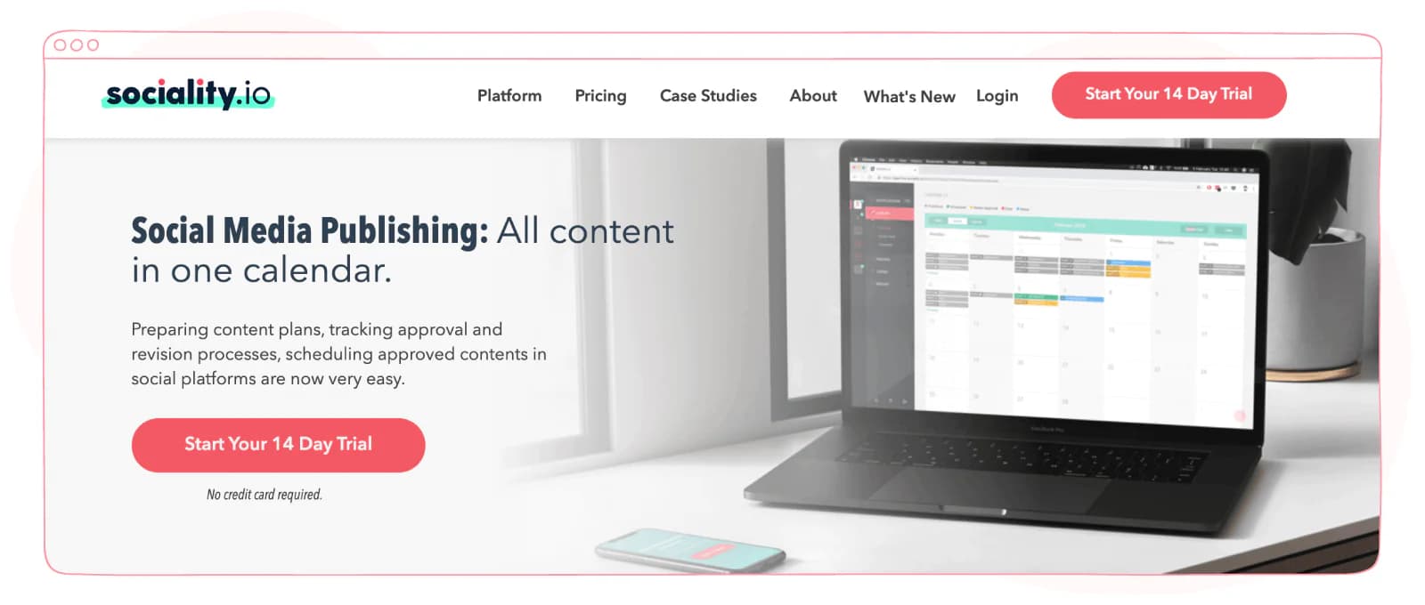Sociality.io publishing page with a laptop showing the content calendar