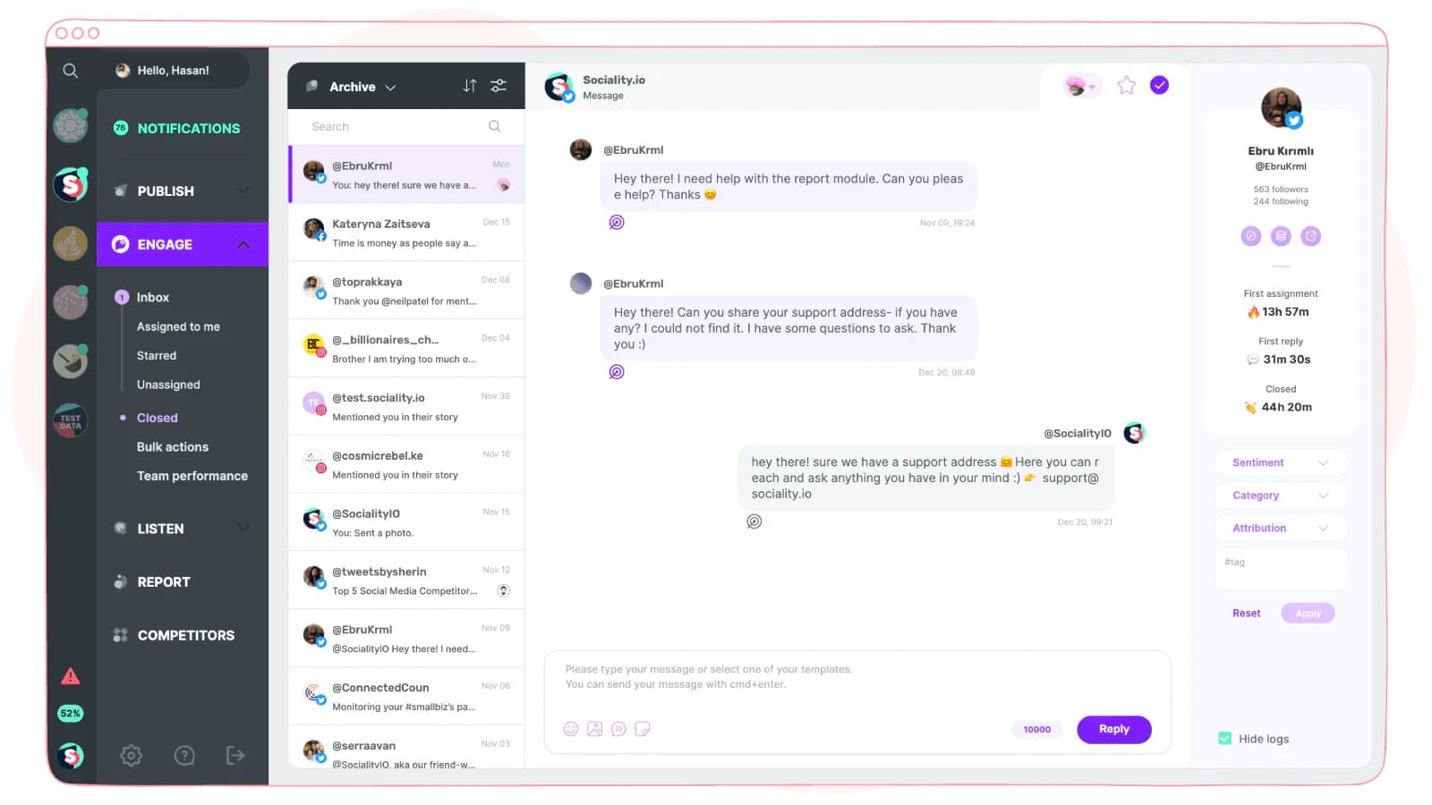 Sociality.io inbox showing a conversation with a customer