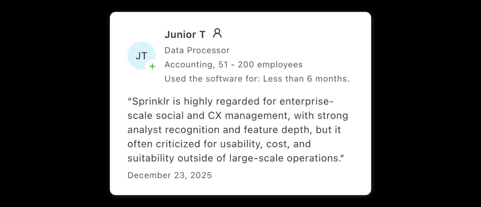 Reviewer describes Sprinklr enterprise features alongside usability and cost concerns