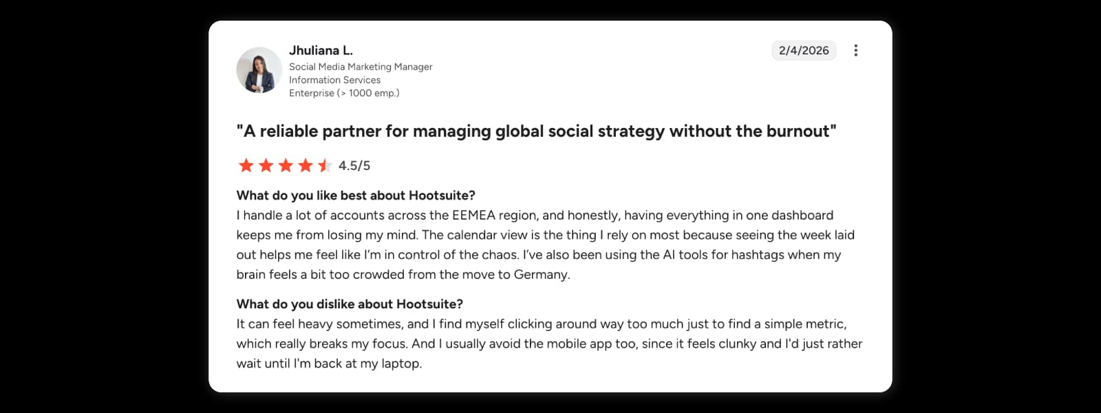 Hootsuite reviewer valuing cross-network scheduling from a single calendar view