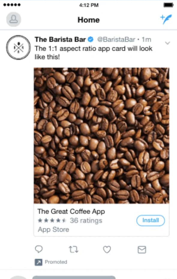 Twitter app card on a phone showing a coffee beans image with an install button
