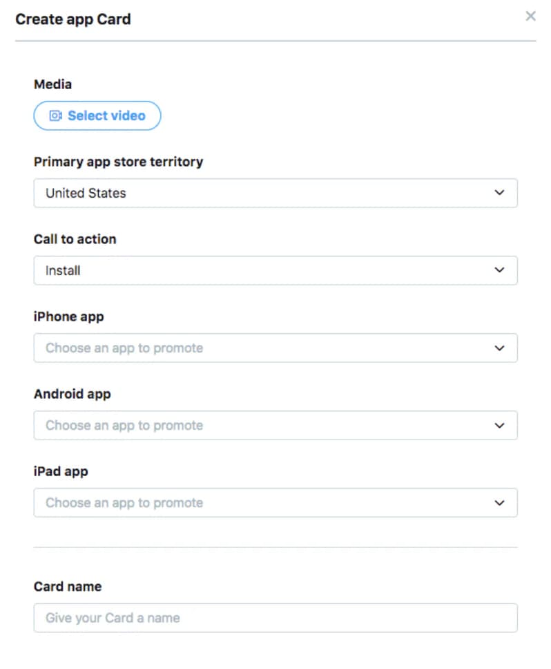 Twitter Ads Create app card form with media, app store territory and call-to-action fields