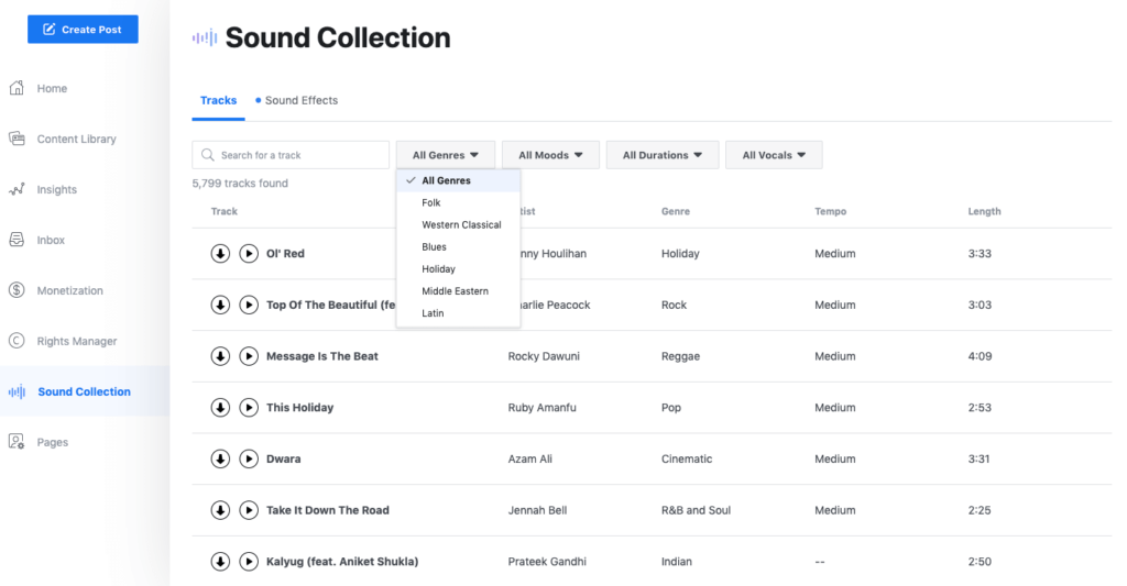 Facebook Creator Studio Sound Collection