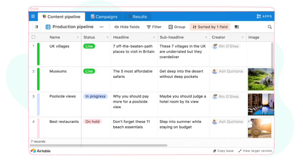 Airtable content calendar