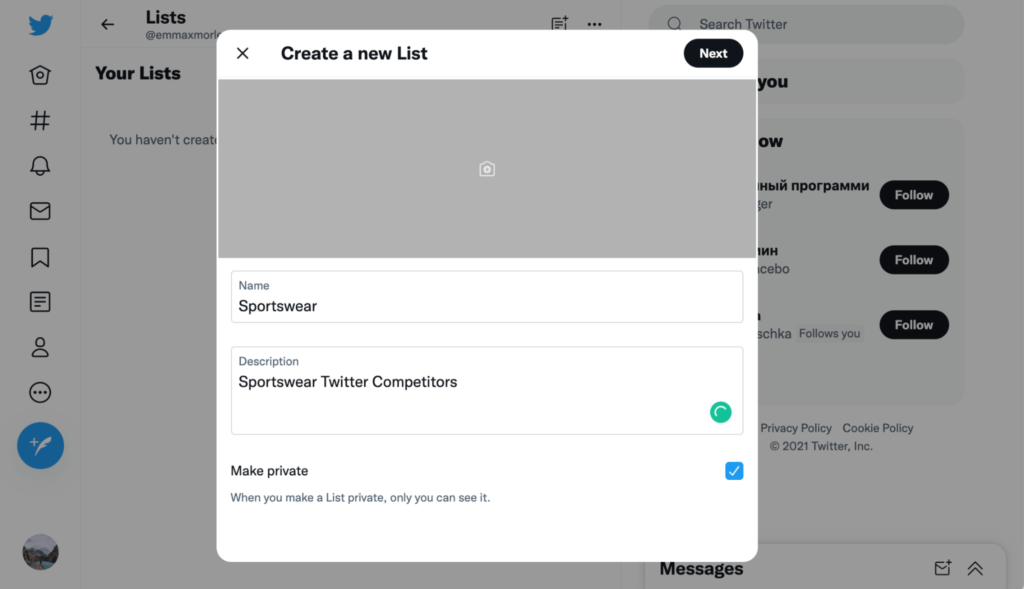 Twitter create new list