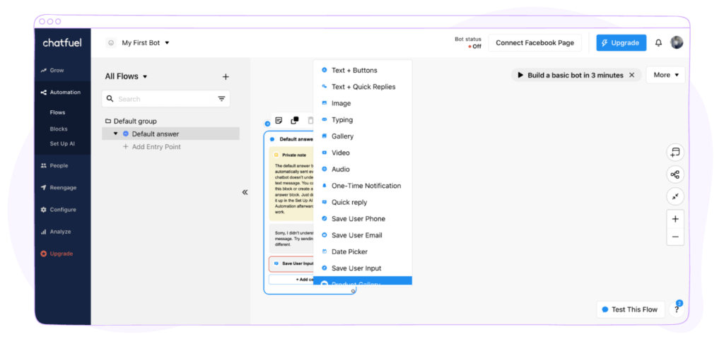 Chatfuel facebook chatbot for messenger