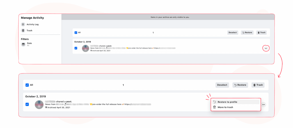 Facebook Manage Activity Restore to Profile