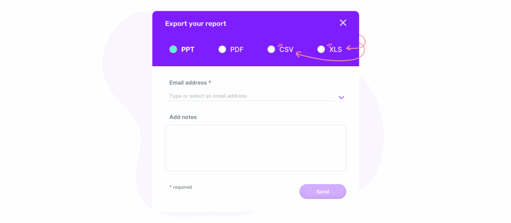 Export as CSV and XLS options from Sociality.io team performance report