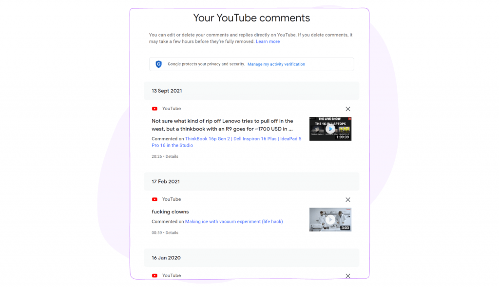YouTube comments - my activity service