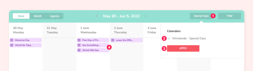 Special days calendar via Sociality.io social media publishing module