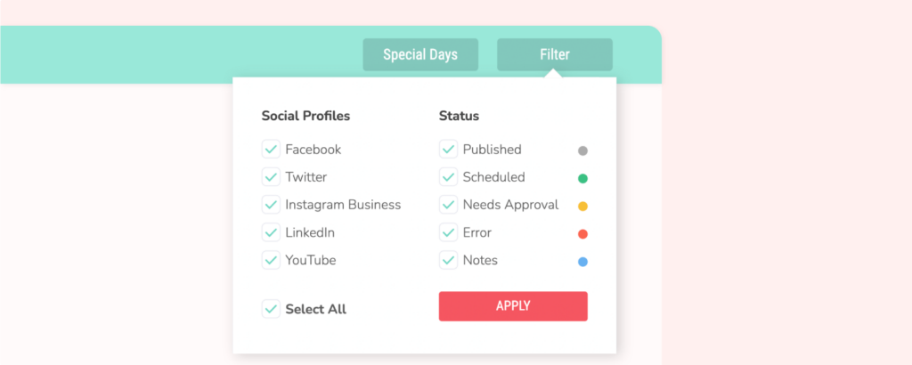 Use filters to display content based on social profiles or status.  