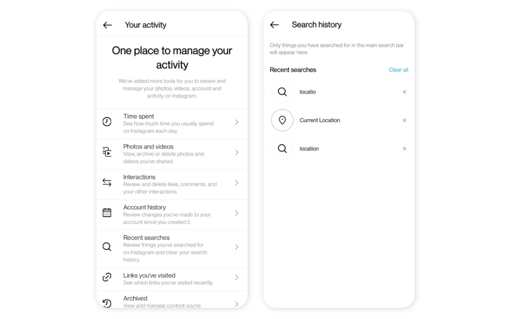 Instagram search features - clear your search history
