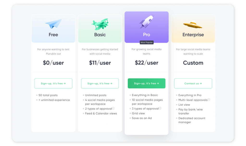 Planable pricing plans