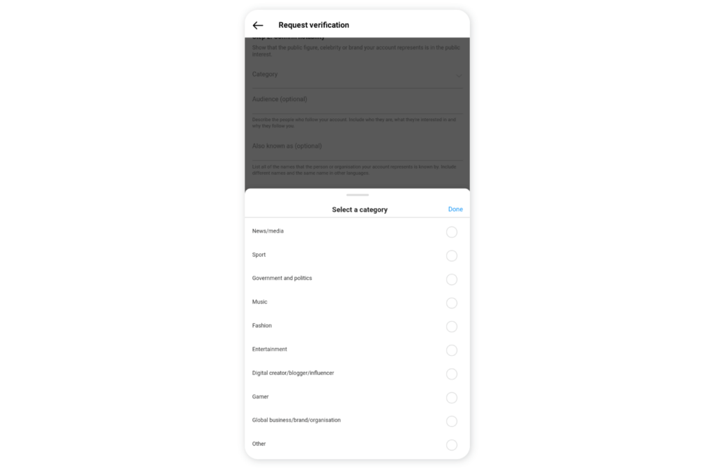 How to get verified on Instagram? - Category selection