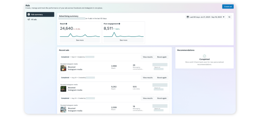 The calendar shows posts for both Instagram and Facebook - Ads